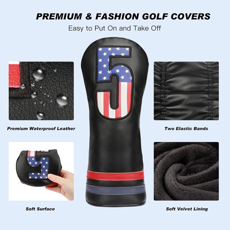 PONADA Golf Head Covers, 4pcs or 1pc USA Stars and Stripes Golf Club Covers for Woods and Driver Fairway Hybrid, PU Leather Golf Club Head Covers for Men Women with Interchangeable Tags, Fits Most Golf Clubs - Image 2
